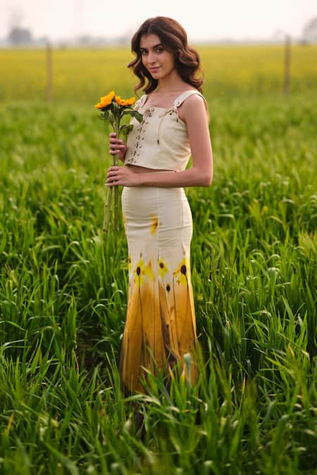 AFRIYA Cream Poplin, Lycra Square Neck Yellow Meadow Corset Crop Top at Aza Fashions AFRIYA_Cream Poplin, Lycra Square Neck Yellow Meadow Corset Crop Top _at_Aza_Fashions