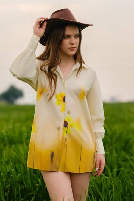 Buy_AFRIYA_Yellow Poplin Collared Meadow Long Shirt _Online_at_Aza_Fashions