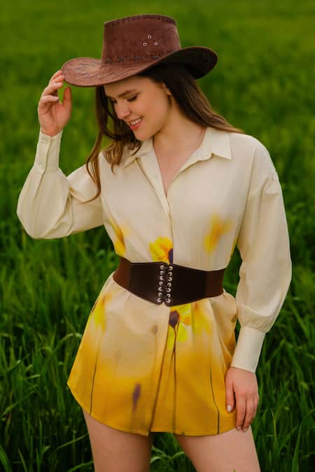 Shop_AFRIYA_Yellow Poplin Collared Meadow Long Shirt _Online_at_Aza_Fashions