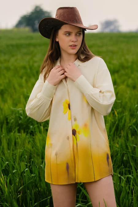 AFRIYA_Yellow Poplin Collared Meadow Long Shirt _at_Aza_Fashions