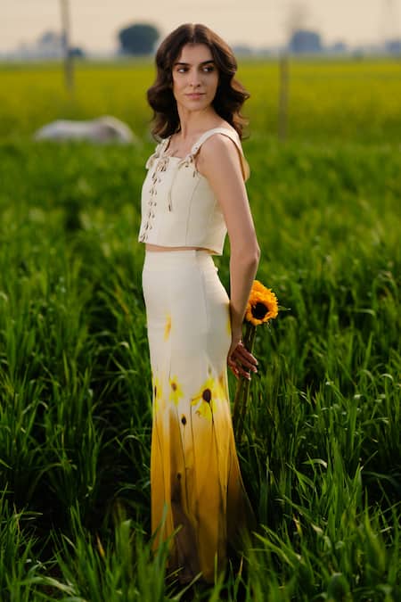 Shop_AFRIYA_Cream Poplin, Lycra Square Neck Yellow Meadow Co-ord _Online_at_Aza_Fashions