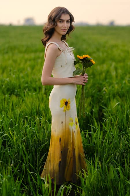 AFRIYA_Cream Poplin, Lycra Square Neck Yellow Meadow Co-ord _at_Aza_Fashions