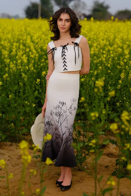 Shop_AFRIYA_White Poplin, Lycra Lace Square Neck Monochrome Meadow Crop Top _Online_at_Aza_Fashions