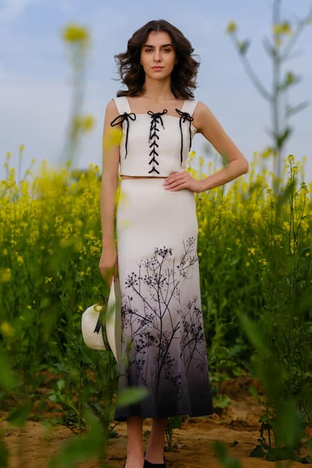 AFRIYA_White Poplin, Lycra Lace Square Neck Monochrome Meadow Crop Top _at_Aza_Fashions