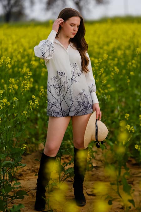 AFRIYA Cream Poplin Collared Monochrome Meadow Long Shirt 