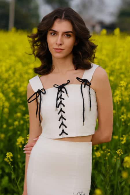 AFRIYA_White Poplin, Lycra Lace, Ribbons Square Neck Monochrome Meadow Co-ord _Online_at_Aza_Fashions