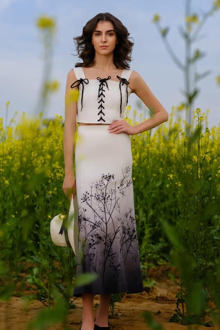 Shop_AFRIYA_White Poplin, Lycra Lace, Ribbons Square Neck Monochrome Meadow Co-ord _Online_at_Aza_Fashions