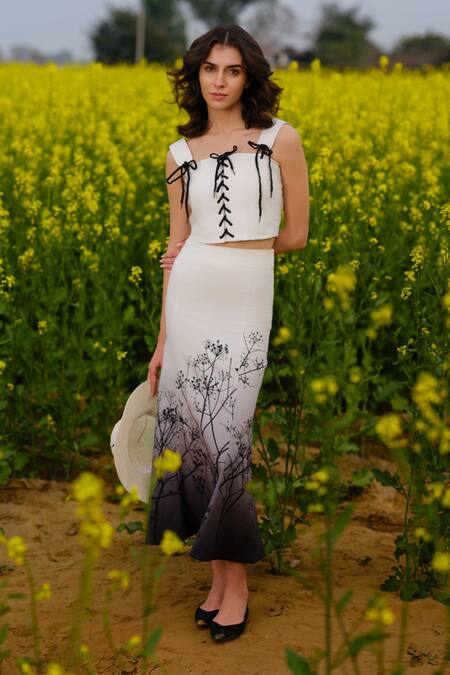 AFRIYA_White Poplin, Lycra Lace, Ribbons Square Neck Monochrome Meadow Co-ord _at_Aza_Fashions