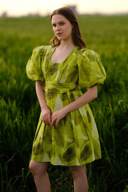 AFRIYA_Green Poplin, Lycra Square Neck Ferns Short Dress _Online_at_Aza_Fashions