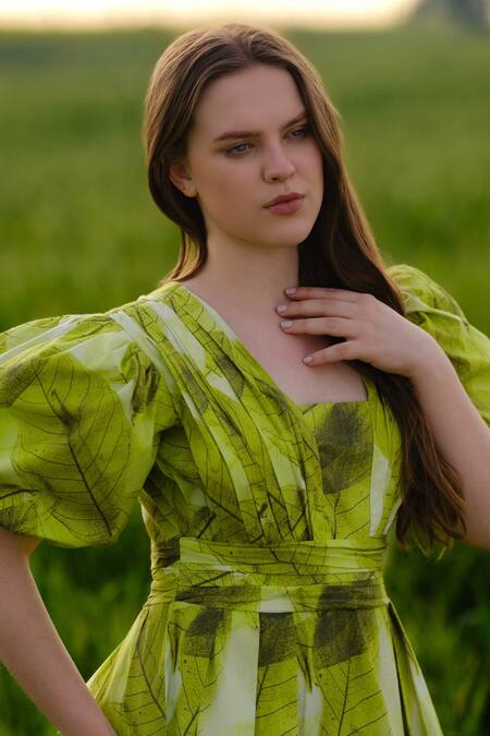 Buy_AFRIYA_Green Poplin, Lycra Square Neck Ferns Short Dress _Online_at_Aza_Fashions