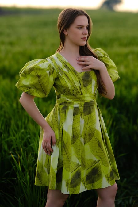 Shop_AFRIYA_Green Poplin, Lycra Square Neck Ferns Short Dress _Online_at_Aza_Fashions