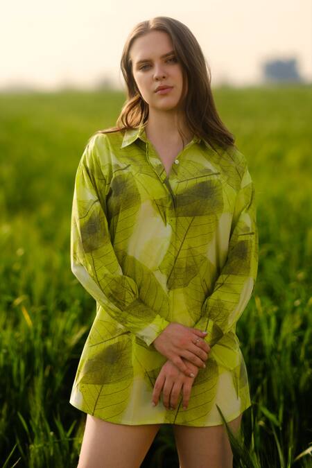 AFRIYA Green Poplin Collared Ferns Long Shirt 