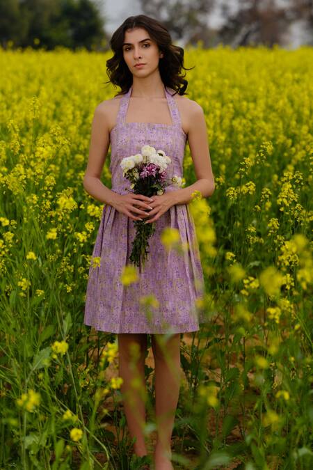 AFRIYA_Purple Poplin, Lycra Halter Neck Lavender Short Dress _Online_at_Aza_Fashions