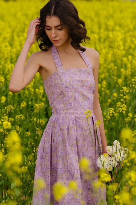 Buy_AFRIYA_Purple Poplin, Lycra Halter Neck Lavender Short Dress _Online_at_Aza_Fashions