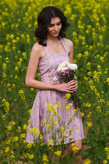 Shop_AFRIYA_Purple Poplin, Lycra Halter Neck Lavender Short Dress _Online_at_Aza_Fashions