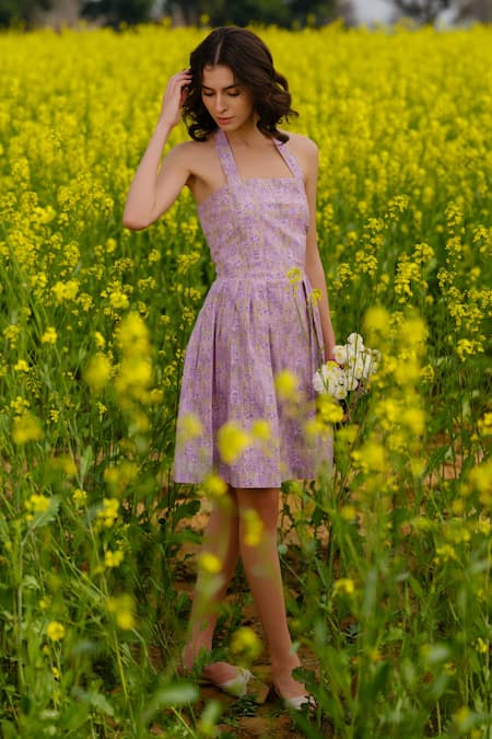 AFRIYA_Purple Poplin, Lycra Halter Neck Lavender Short Dress _at_Aza_Fashions