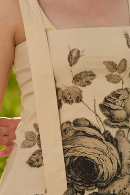 AFRIYA_Beige Poplin, Lycra Embroidery Square Neck Black Rose Short Dress _Online_at_Aza_Fashions