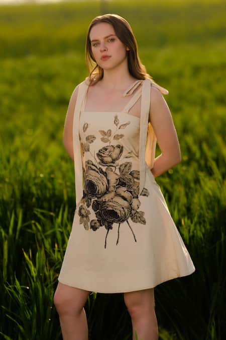 Buy_AFRIYA_Beige Poplin, Lycra Embroidery Square Neck Black Rose Short Dress _Online_at_Aza_Fashions