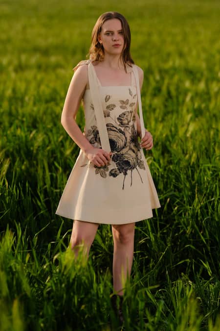 AFRIYA_Beige Poplin, Lycra Embroidery Square Neck Black Rose Short Dress _at_Aza_Fashions