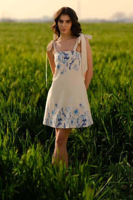 AFRIYA_Beige Poplin, Lycra Embroidery Square Neck Indigo Meadow Short Dress _at_Aza_Fashions