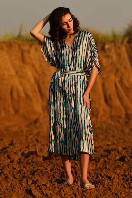 AFRIYA_Blue Modal, Satin V-neck Indigo Striped Kaftan Dress _Online_at_Aza_Fashions
