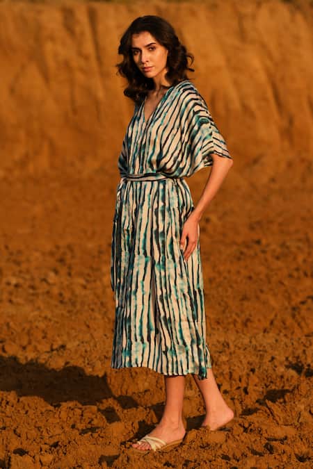 Buy_AFRIYA_Blue Modal, Satin V-neck Indigo Striped Kaftan Dress _Online_at_Aza_Fashions