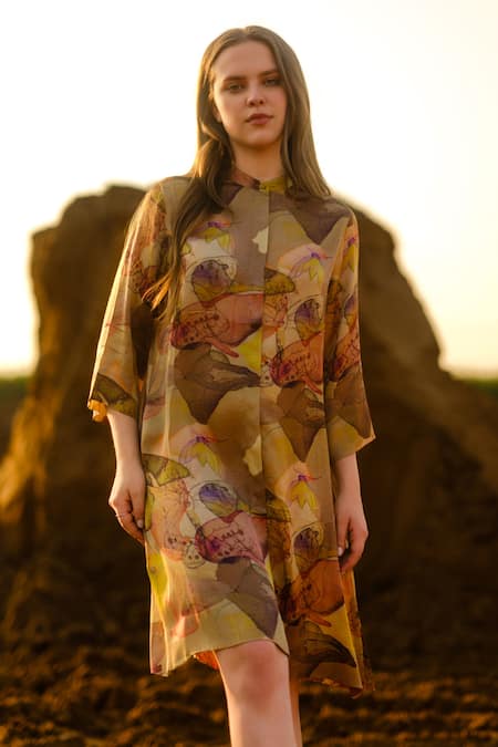 AFRIYA_Multi Color Modal, Satin Mandarin Collar Mustard Short Fluid Dress _Online_at_Aza_Fashions