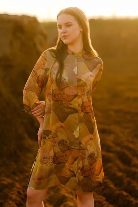 Buy_AFRIYA_Multi Color Modal, Satin Mandarin Collar Mustard Short Fluid Dress _Online_at_Aza_Fashions