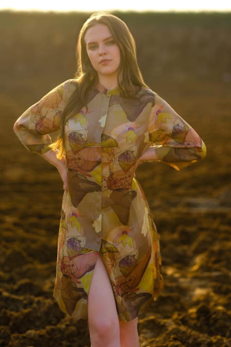 Shop_AFRIYA_Multi Color Modal, Satin Mandarin Collar Mustard Short Fluid Dress _Online_at_Aza_Fashions