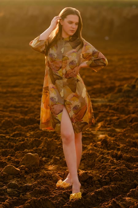 AFRIYA Multi Color Modal, Satin Mandarin Collar Mustard Short Fluid Dress 