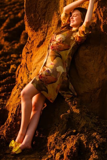 AFRIYA_Multi Color Modal, Satin Mandarin Collar Mustard Short Fluid Dress _at_Aza_Fashions