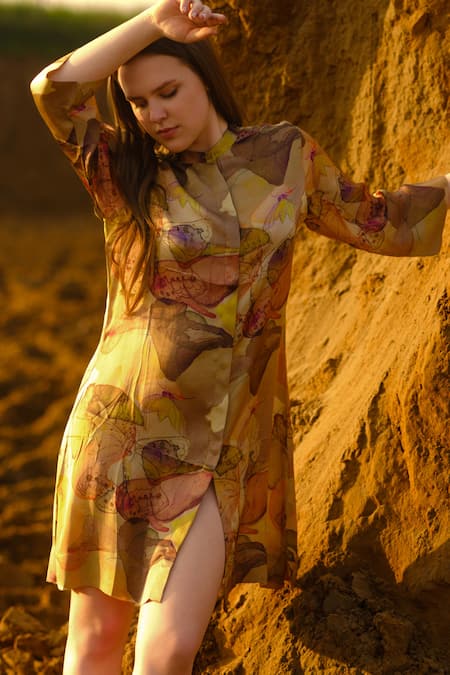 Buy_AFRIYA_Multi Color Modal, Satin Mandarin Collar Mustard Short Fluid Dress 