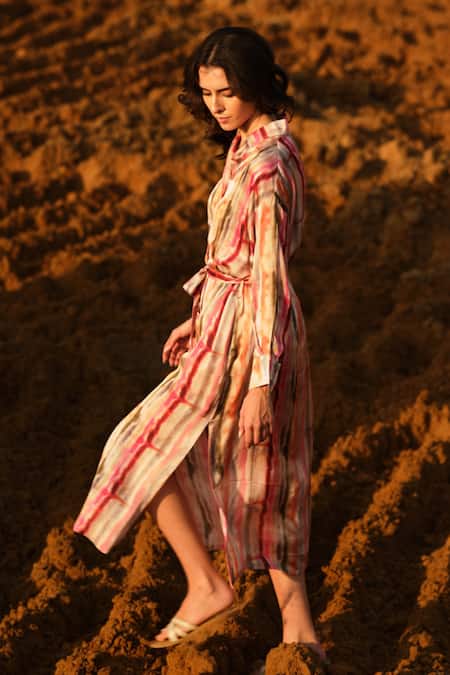 AFRIYA_Pink Modal, Satin Collared Multi Striped Kaftan Dress _Online_at_Aza_Fashions