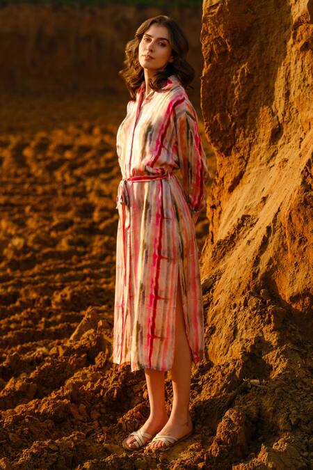 Shop_AFRIYA_Pink Modal, Satin Collared Multi Striped Kaftan Dress _Online_at_Aza_Fashions