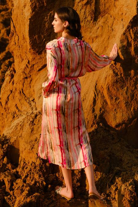 AFRIYA_Pink Modal, Satin Collared Multi Striped Kaftan Dress _at_Aza_Fashions