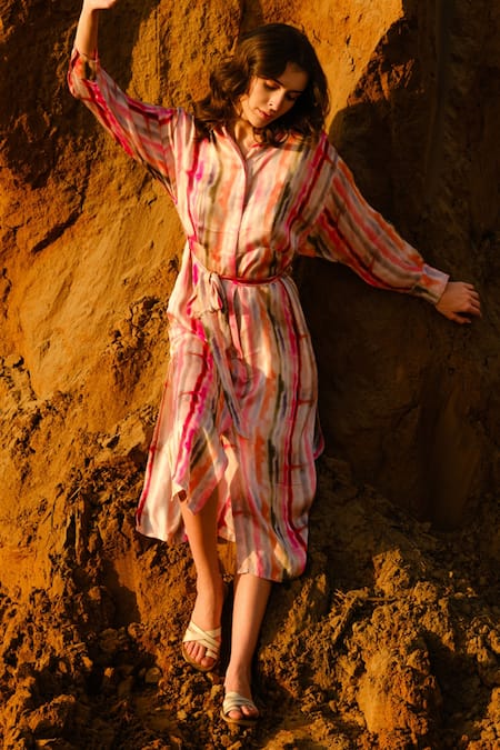 Buy_AFRIYA_Pink Modal, Satin Collared Multi Striped Kaftan Dress 