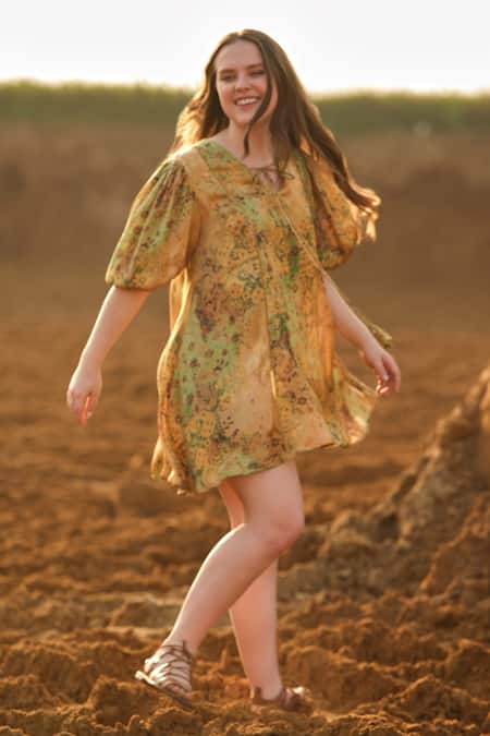 AFRIYA_Yellow Modal, Satin V-neck Multi Abstract Shirt Dress _Online_at_Aza_Fashions