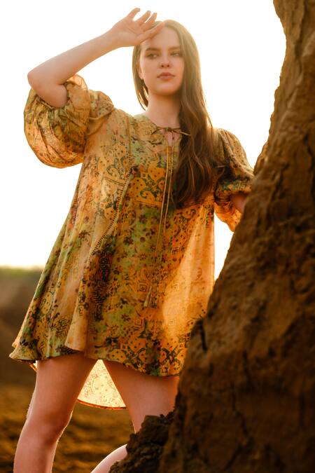 Buy_AFRIYA_Yellow Modal, Satin V-neck Multi Abstract Shirt Dress _Online_at_Aza_Fashions
