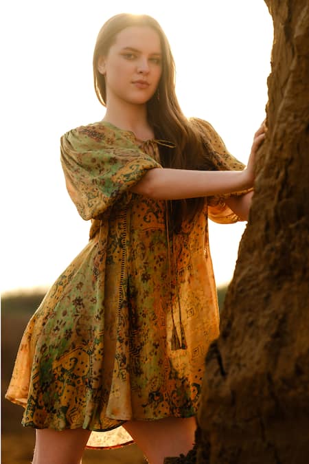 Shop_AFRIYA_Yellow Modal, Satin V-neck Multi Abstract Shirt Dress _Online_at_Aza_Fashions