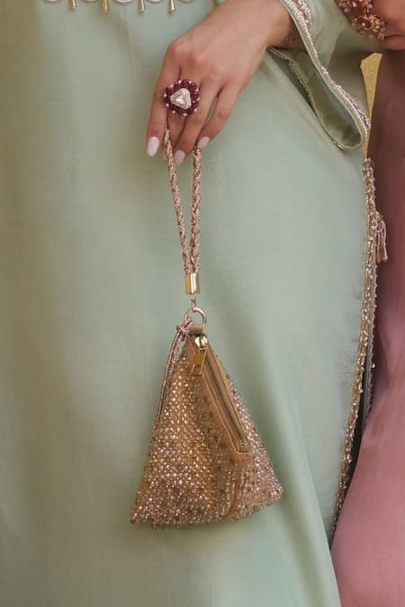 Plode_Gold Stones, Rhinestones Delhi Wristlet Swarovski Embellished Pyramid Bag _at_Aza_Fashions