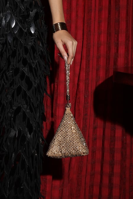 Shop_Plode_Gold Stones, Rhinestones Delhi Wristlet Swarovski Embellished Pyramid Bag 