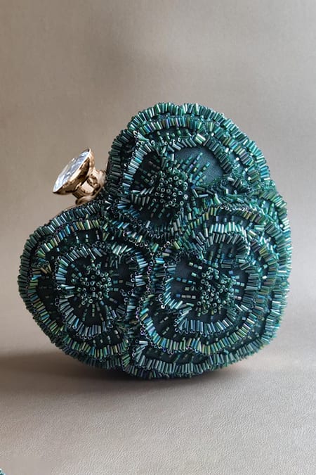 Plode Green Beads, Cut Work Hand Embellished Heart Clutch With Sling 