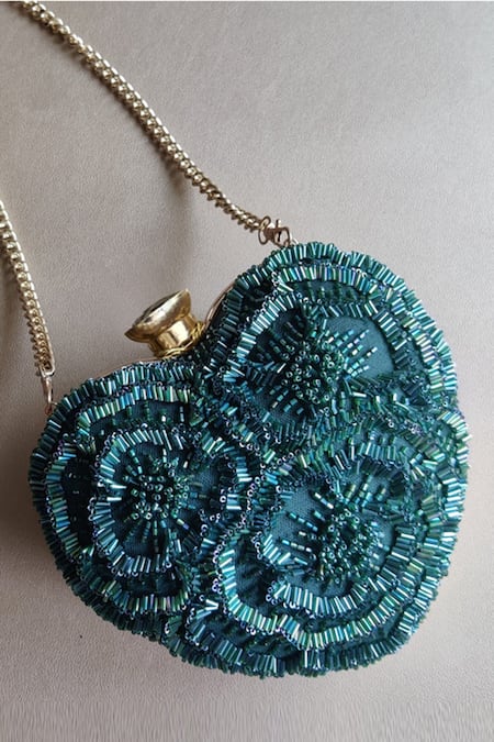 Plode_Green Beads, Cut Work Hand Embellished Heart Clutch With Sling _Online_at_Aza_Fashions