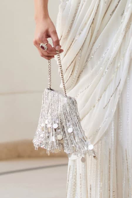 Shop_Plode_White Cut Work, Sequins Cutdana Tassel Embellished Potli 