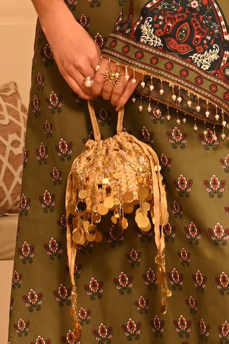 Shop_Plode_Gold Mirrors, Embroidery Tasselled Polti Bag _Online_at_Aza_Fashions