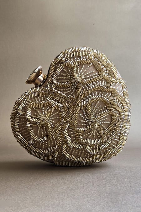 Plode Gold Beads, Embroidery Hand Embellished Heart Clutch With Sling 