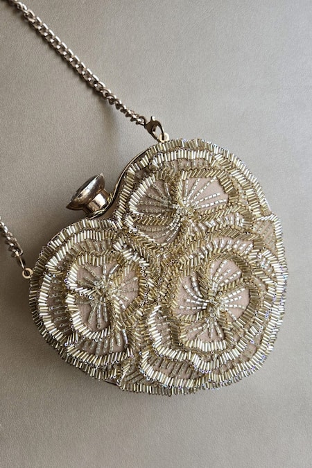 Plode Gold Beads, Embroidery Hand Embellished Heart Clutch With Sling Online at Aza Fashions Plode_Gold Beads, Embroidery Hand Embellished Heart Clutch With Sling _Online_at_Aza_Fashions