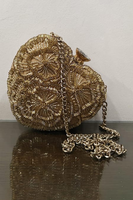 Buy Plode Gold Beads, Embroidery Hand Embellished Heart Clutch With Sling Online at Aza Fashions Buy_Plode_Gold Beads, Embroidery Hand Embellished Heart Clutch With Sling _Online_at_Aza_Fashions