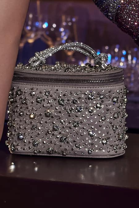 Plode_Silver Stones Rectangle Shaped Embellished Vanity Bag _Online_at_Aza_Fashions