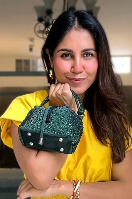 Plode_Green Stones Swarovski Crystal Embellished Micro Bucket Bag _Online_at_Aza_Fashions